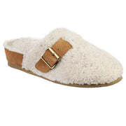 A fuzzy white slide slipper with a brown bottom on a white background