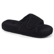 A black fuzzy slide slipper on a white background