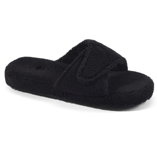 A black fuzzy slide slipper on a white background