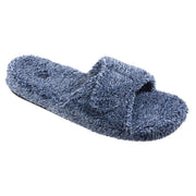 A blue fuzzy slide slipper on a white background