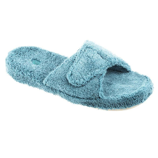 A light blue fuzzy slide slipper on a white background