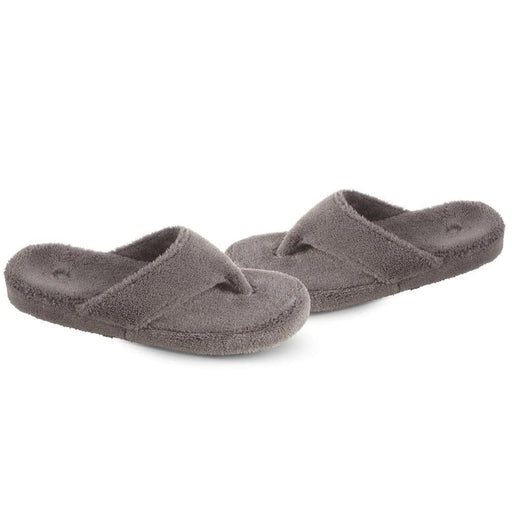 A pair of fuzzy gray flip flops on a white background