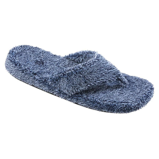 A blue fuzzy flip flop on a white background