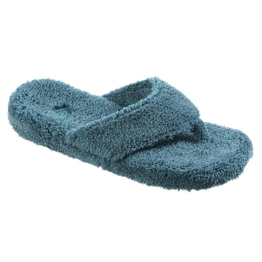 A fuzzy cyan flip flop on a white background