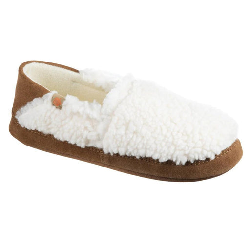 A fuzzy white slipper with a brown bottom on a white background