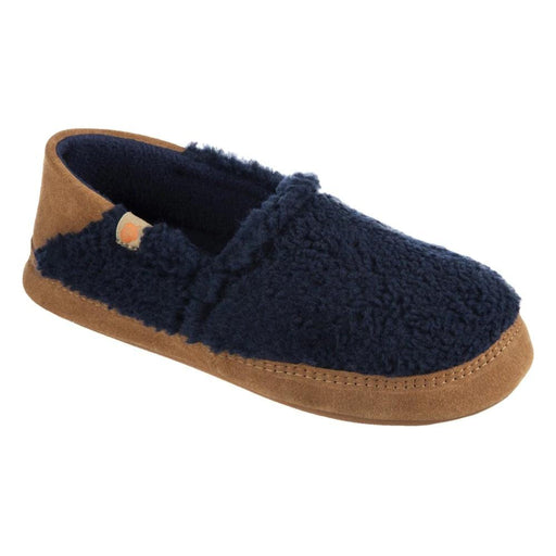 A fuzzy blue slipper with a brown bottom on a white background