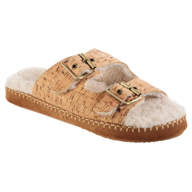 A fuzzy white slide slipper with brown straps and bottom on a white background