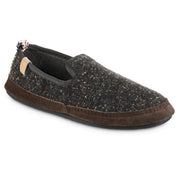 A black slipper with a dark brown bottom on a white background