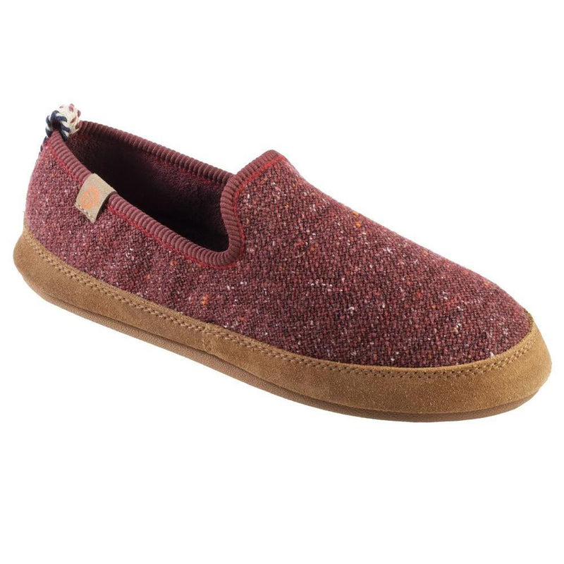 A dark red slipper with a brown bottom on a white background