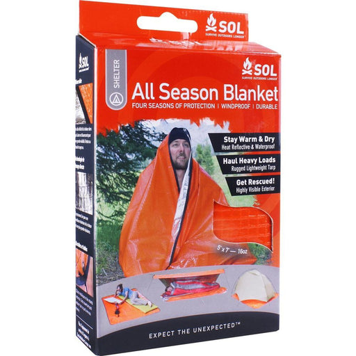 A box with an orange camping blanket inside on a white background