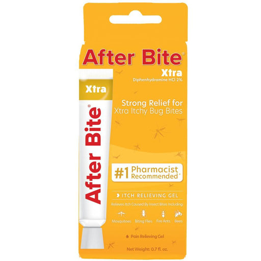 A yellow box of bug bite relief cream on a white background