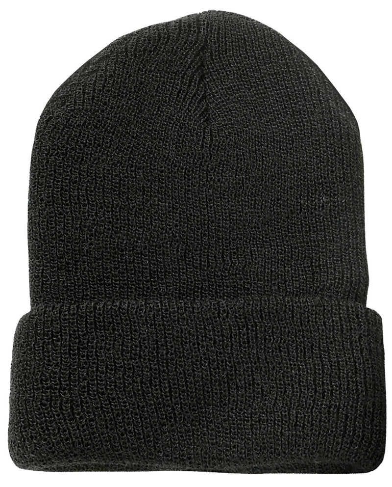 Black cuffed beanie against a white background.