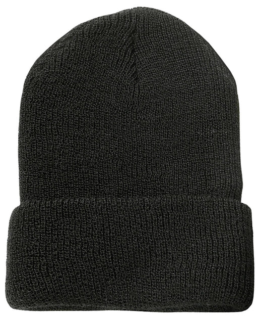 Black cuffed beanie against a white background.