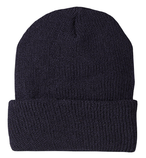 Dark navy cuffed beanie against a white background. 