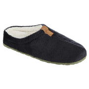 A fuzzy black slipper on a white background