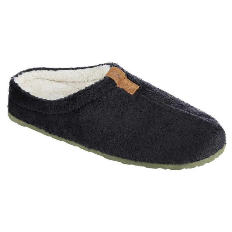 A fuzzy black slipper on a white background