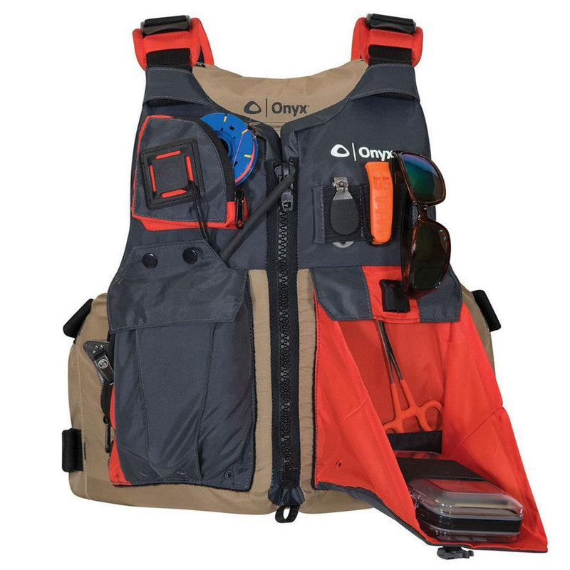 A black and tan vest with 2 pocket, holding fishing gear on a white background
