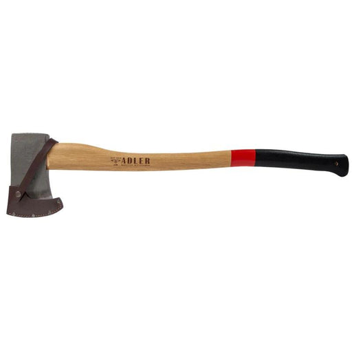 An axe with a brown, red, and black handle on a white background