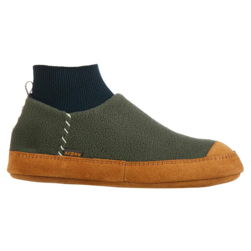 A green and black slipper with a brown bottom on a white background