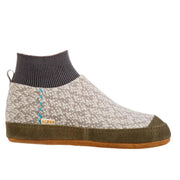 A white and gray patterned slipper with a brown bottom on a white background
