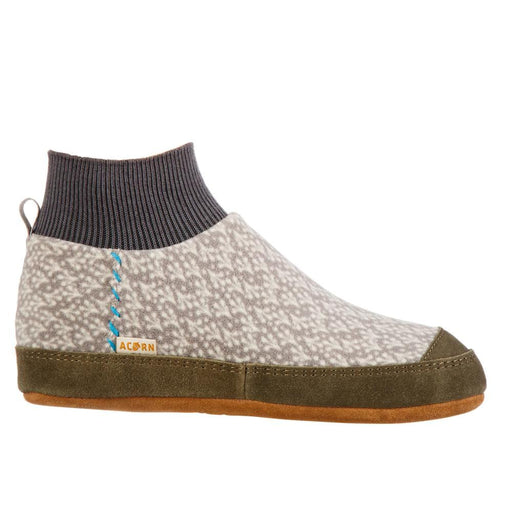 A white and gray patterned slipper with a brown bottom on a white background