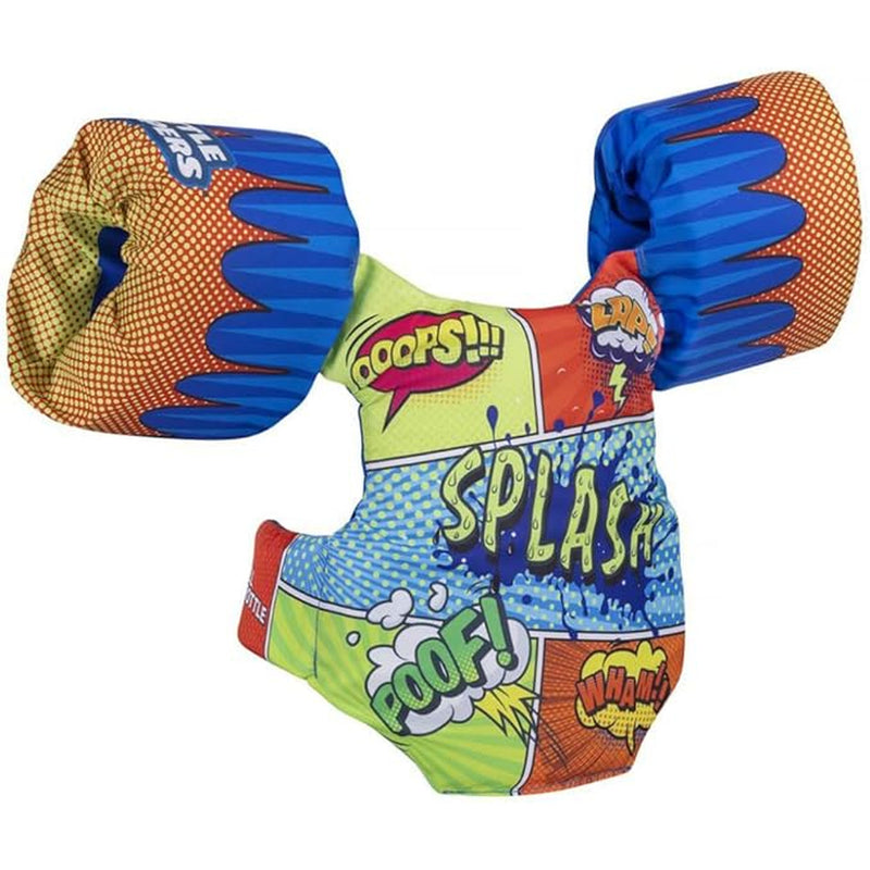 A children life jacket with a comic book design on a white background