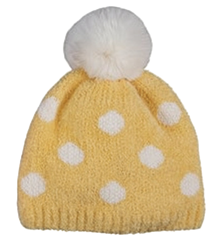 Yellow knit beanie with white polka dots and a white pom-pom on a white background