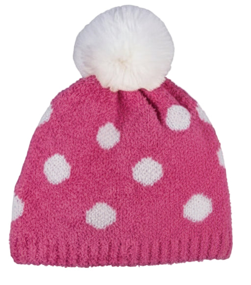 Pink knit pom pom beanie with white polka dots against a white background. 
