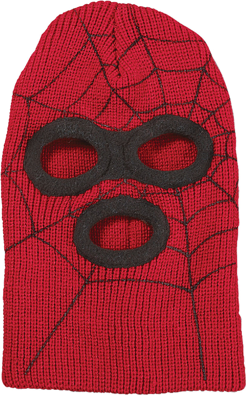 Red ski mask with a black spider web design against a white background.