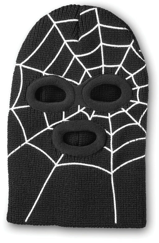 Black ski mask with a white spider web design against a white background. 