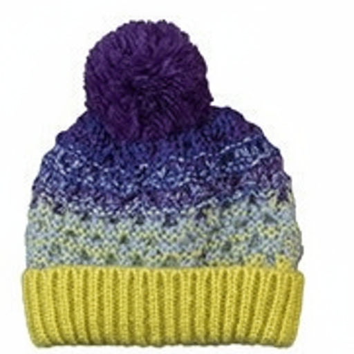 Knitted beanie with purple pom-pom and gradient color pattern on a white background