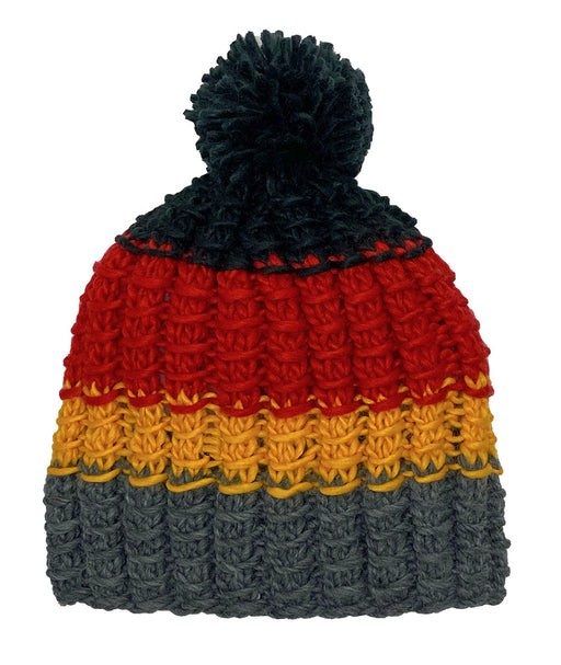 Grey, yellow, and red knit pom pom beanie against a white background. 