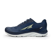 A blue running shoe with a white bottom on a white background