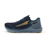 A blue and black running shoe on a white background