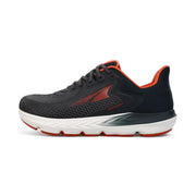 A black running shoe with a white bottom on a white background