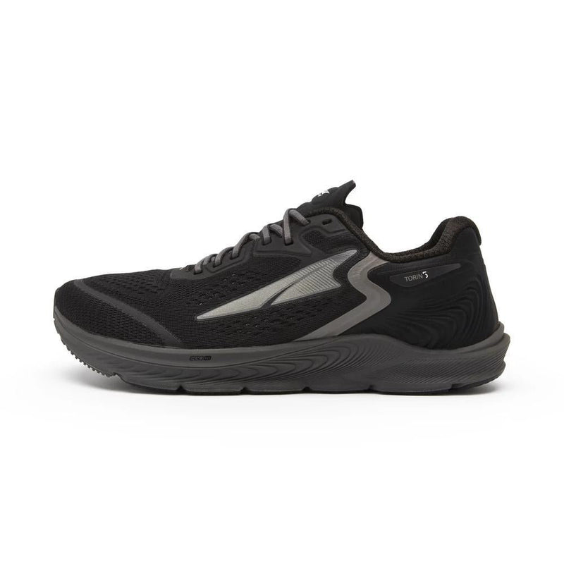 A black running shoe on a white background