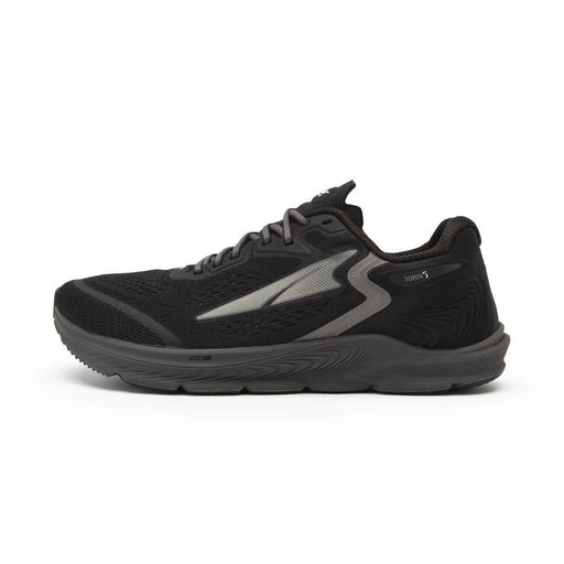 A black running shoe on a white background