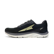 A black running shoe with a white bottom on a white background