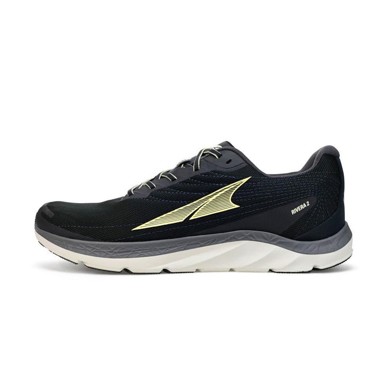 A black running shoe with a white bottom on a white background