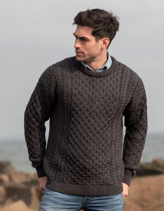 Aran Crafts Mens Kildare Merino Crew Neck Cabled Sweater