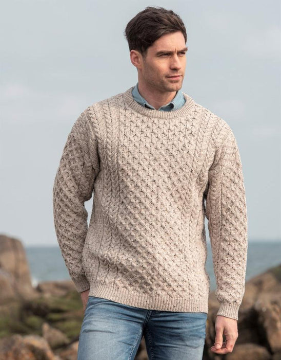 Aran Crafts Mens Kildare Merino Crew Neck Cabled Sweater