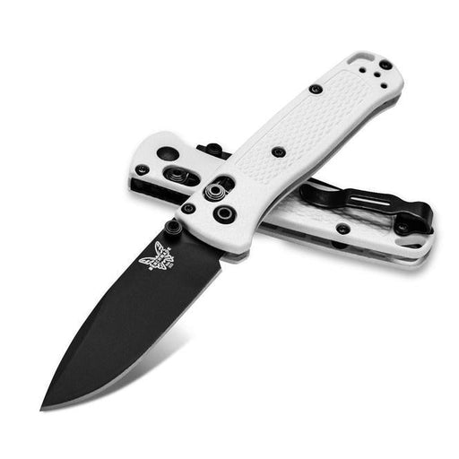 A Benchmade Mini Bugout folding knife with a white handle and black blade, featuring a pocket clip and a drop-point blade style.
