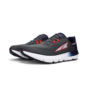A pair of gray running shoes with white bottoms on a white background