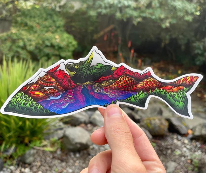 Horizon Line Design Mountain Fish Vinyl Sticker