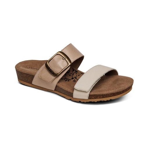 A brown cork sandal with 2 gray straps on a white background