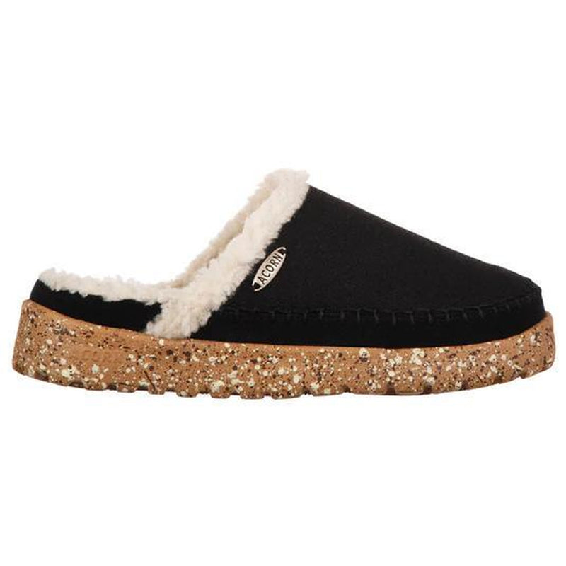 A black slipper with a brown bottom on a white background