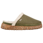A green slipper with a brown bottom on a white background