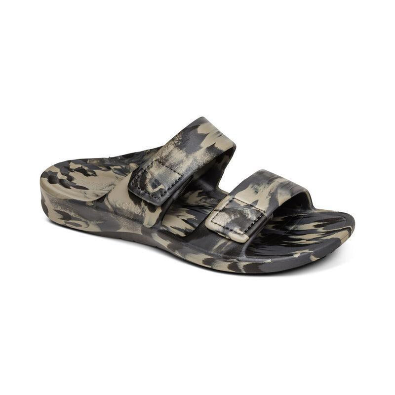 A camouflage sandal with 2 straps on a white background