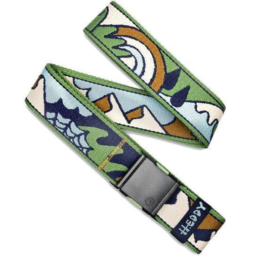 A woven web belt with a colorful landscape pattern of mountains, trees, and a rainbow, featuring a gray metal buckle