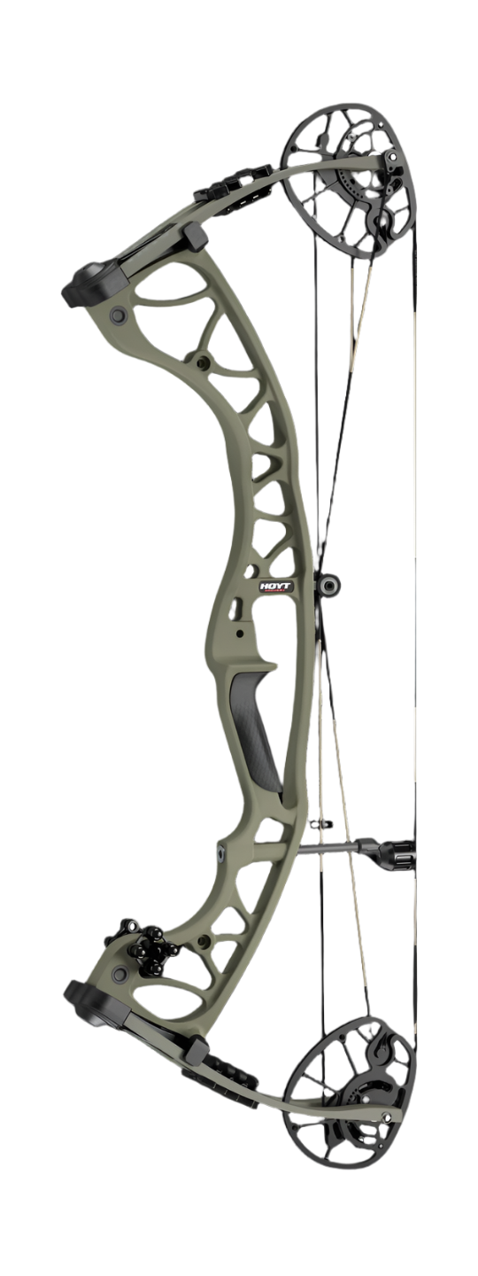 A camouflage Hoyt Torrent XT compound bow designed for archery, featuring a sophisticated four-pound six-brace height and an adjustable draw length.
